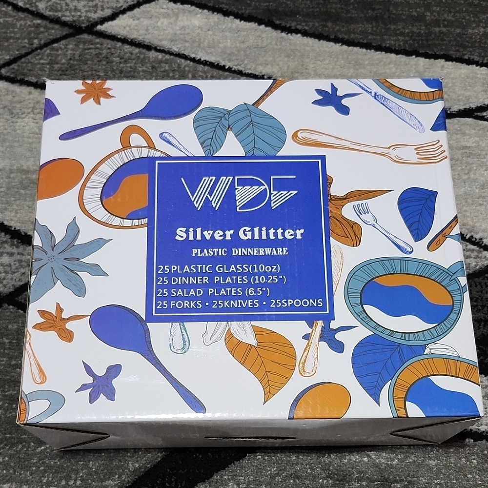 WDF 150 PIECE SILVER GLITTER PLASTIC DINNERWARE DISPOSABLE TABLEWARE SET 7# PRF